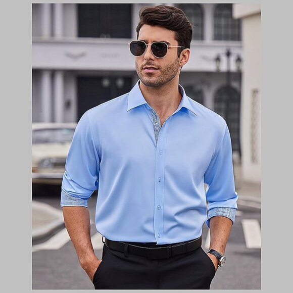 Men's Dress Shirts Long Sleeve Blue - Picture 4 of 8